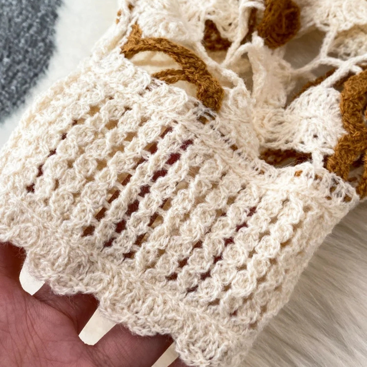 Brown & Beige Gradient Full Sleeves Crochet Top