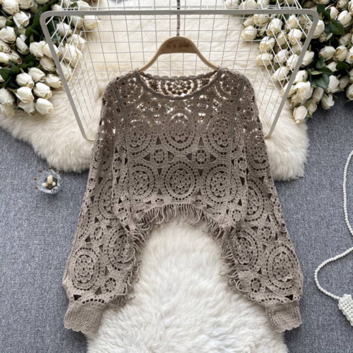 Chic Crochet Fringe Sweater With Geometric Patterns Crochet Top -C106