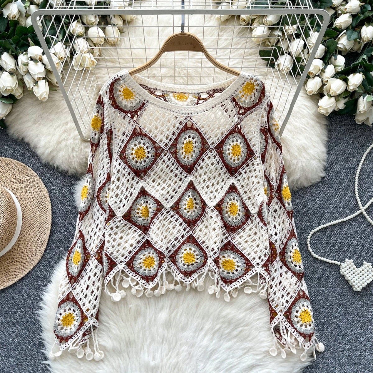 Beige & Mustard Yellow Full Sleeve Crochet Sweater Top