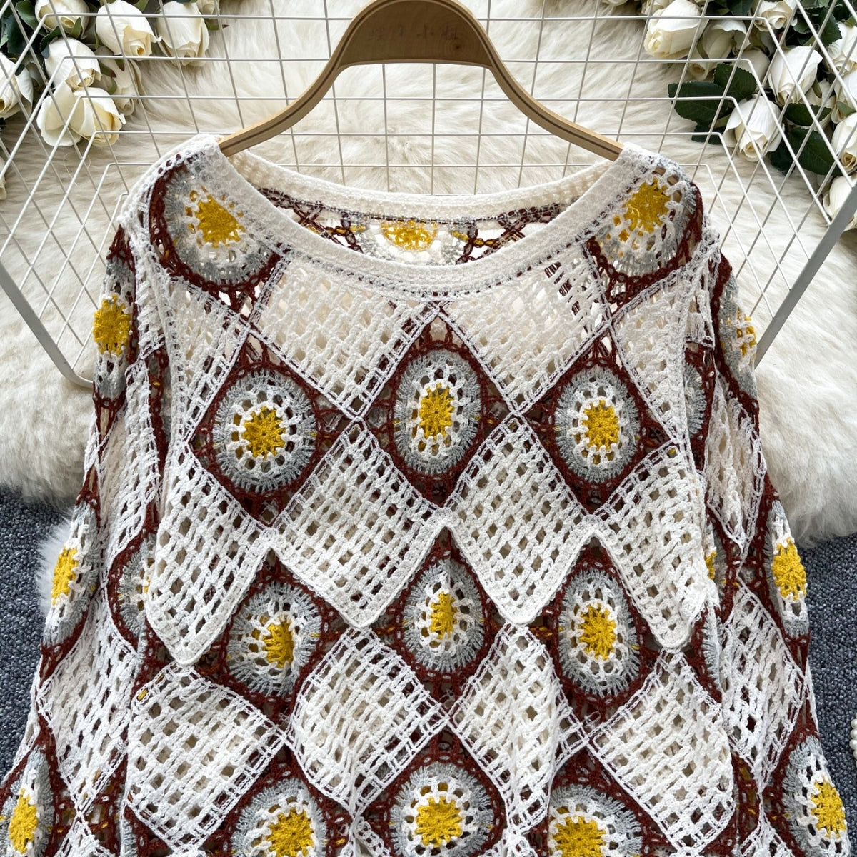 Beige & Mustard Yellow Full Sleeve Crochet Sweater Top