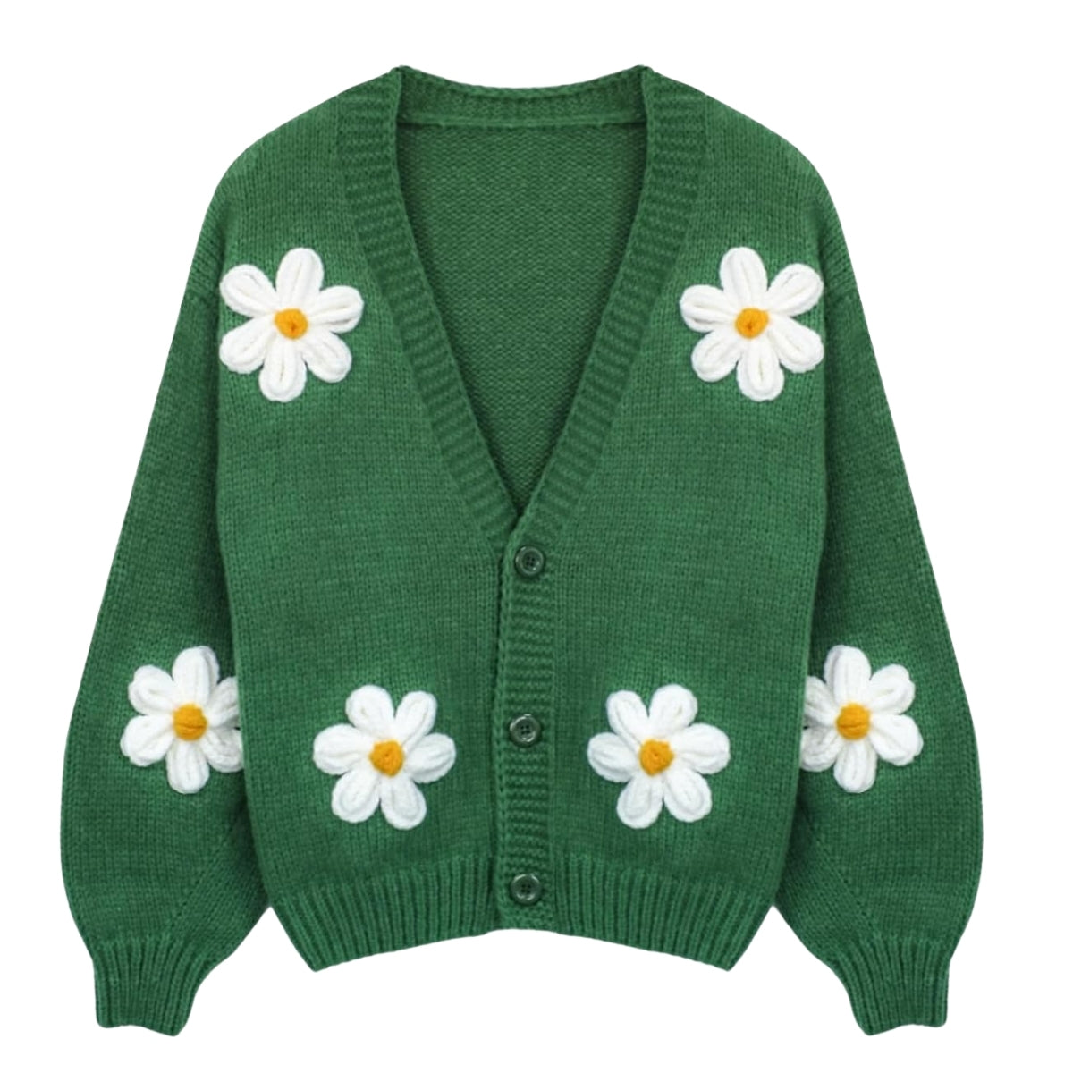 Women Long Sleeve Green Cardigan V-Neck Button Flower Knit : Go-To Winter Essential
