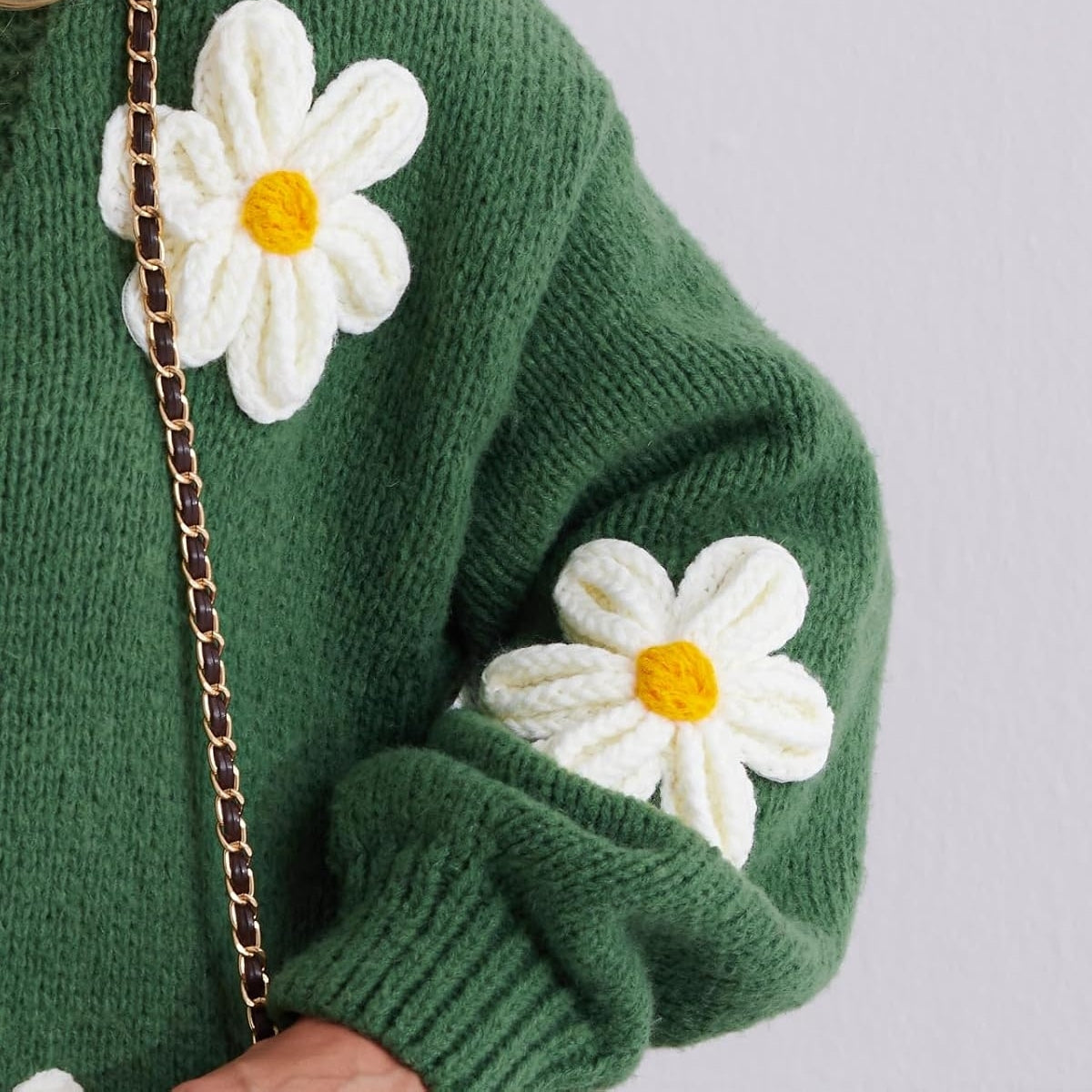Women Long Sleeve Green Cardigan V-Neck Button Flower Knit : Go-To Winter Essential