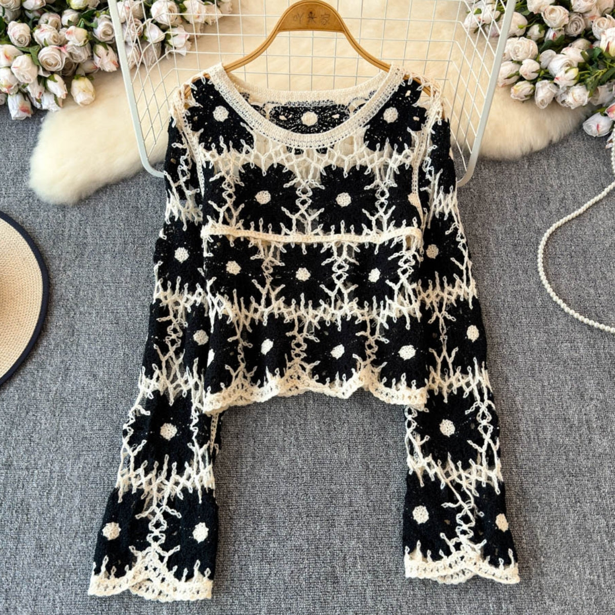 Beige Best Selling Full Sleeve Crochet Top -C85