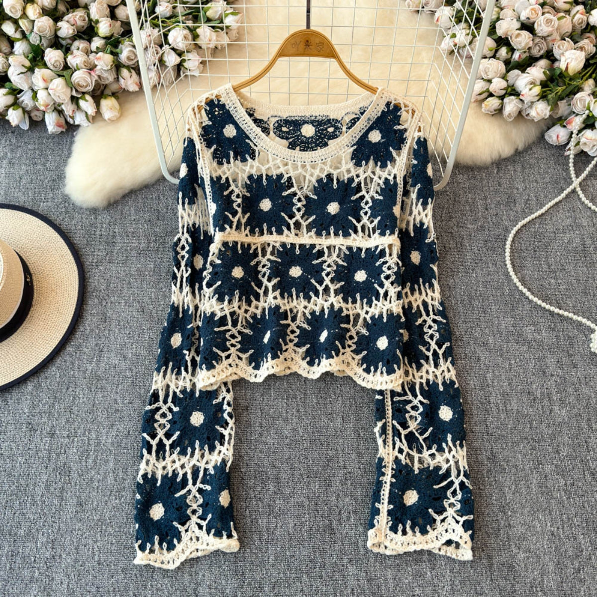 Beige Best Selling Full Sleeve Crochet Top -C85
