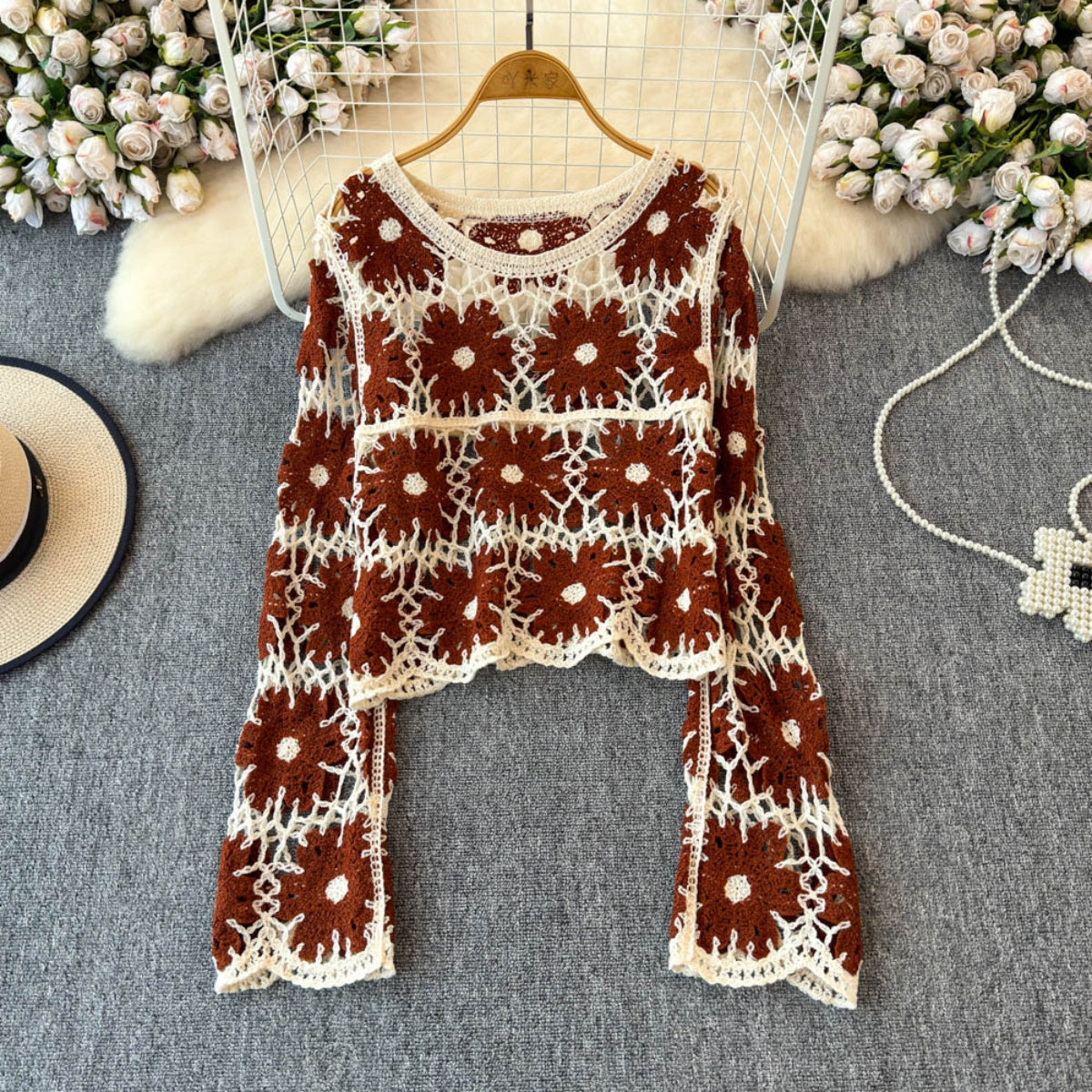 Beige Best Selling Full Sleeve Crochet Top -C85