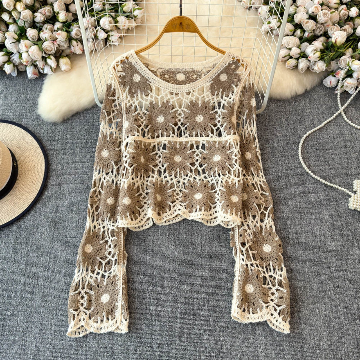 Beige Best Selling Full Sleeve Crochet Top -C85