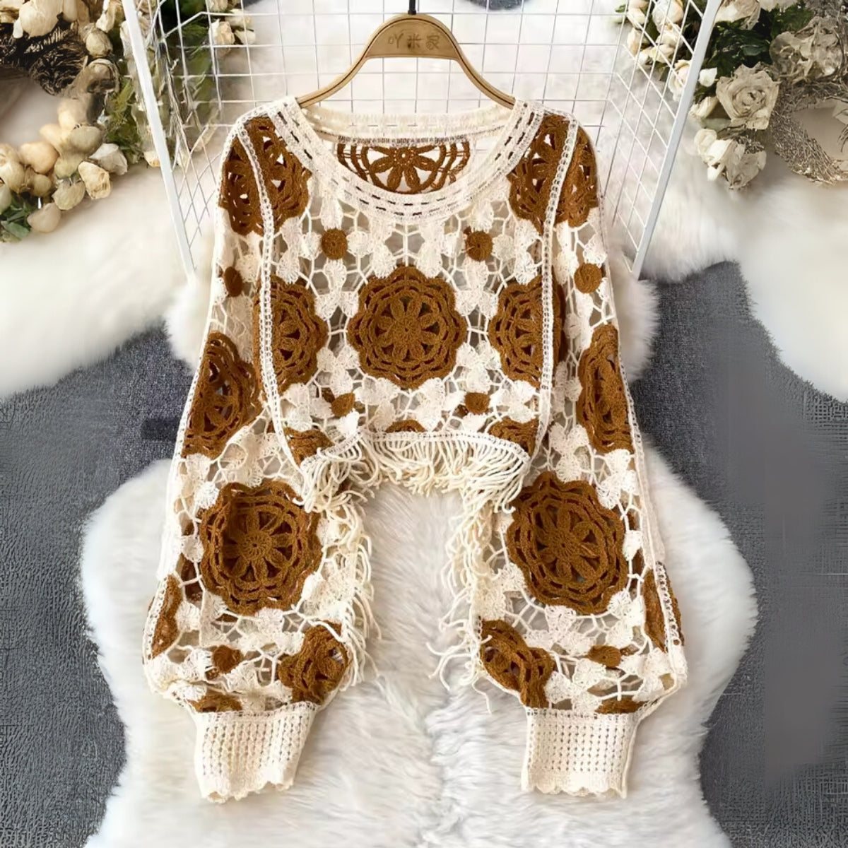 Brown & Beige Gradient Full Sleeves Crochet Top