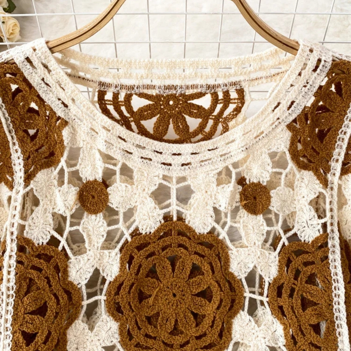 Brown & Beige Gradient Full Sleeves Crochet Top