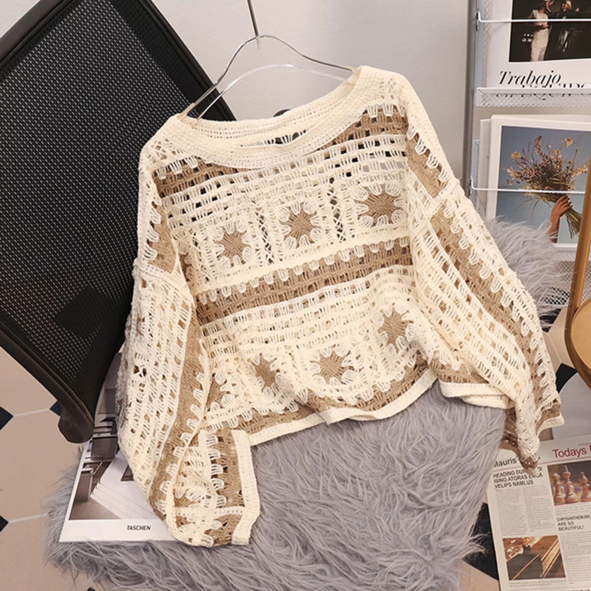 Beige Black Elegant Asymmetrical Best Selling Crochet Top -C70