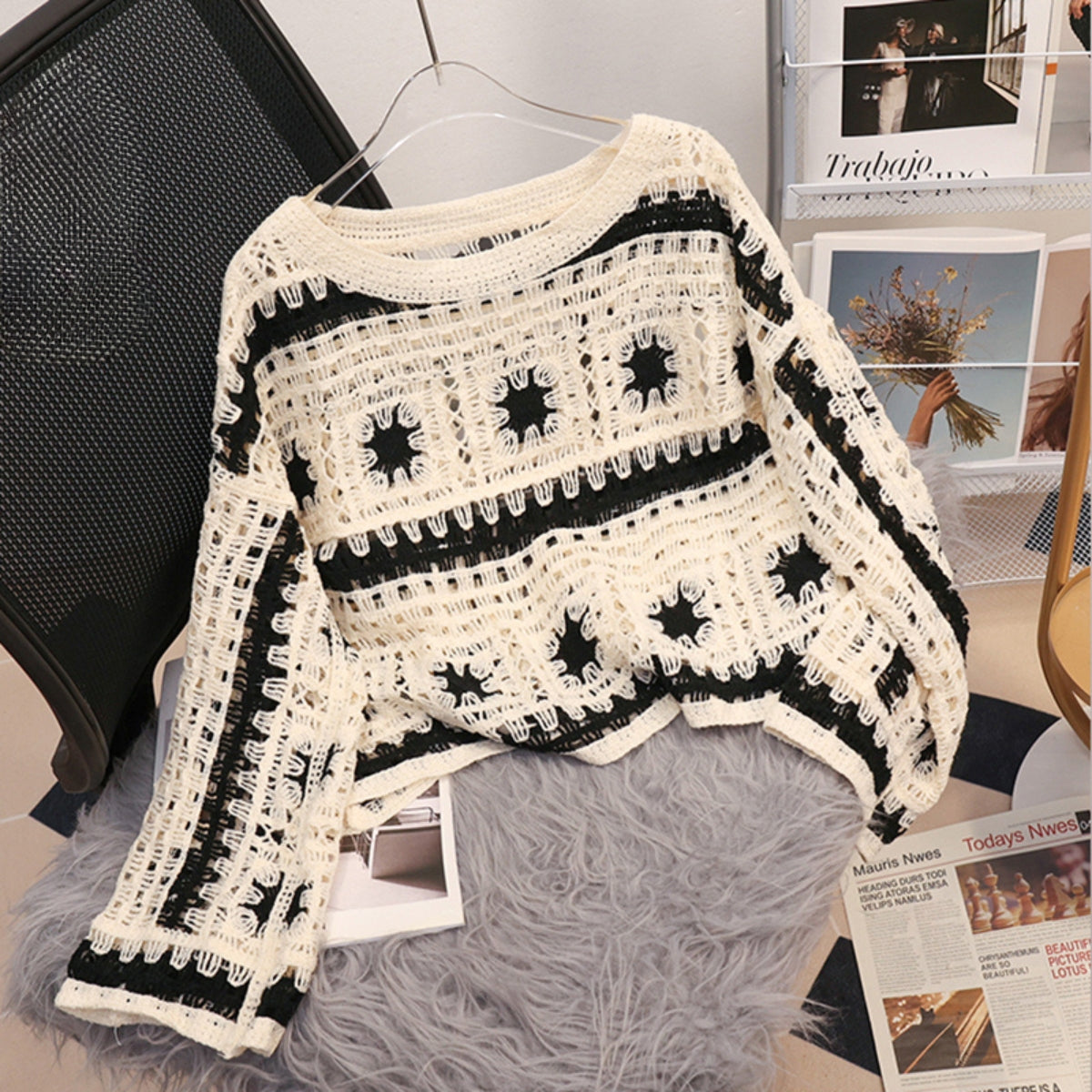 Beige Black Elegant Asymmetrical Best Selling Crochet Top -C70