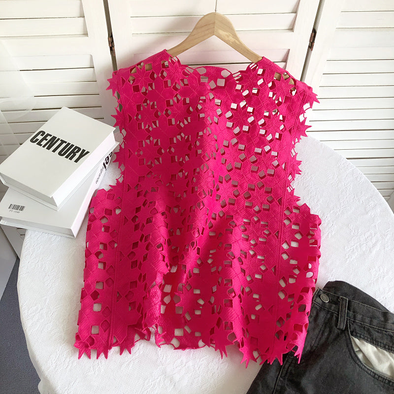 Chic Crochet Fringe Sweater With Geometric Patterns Pink Crochet Top -C107