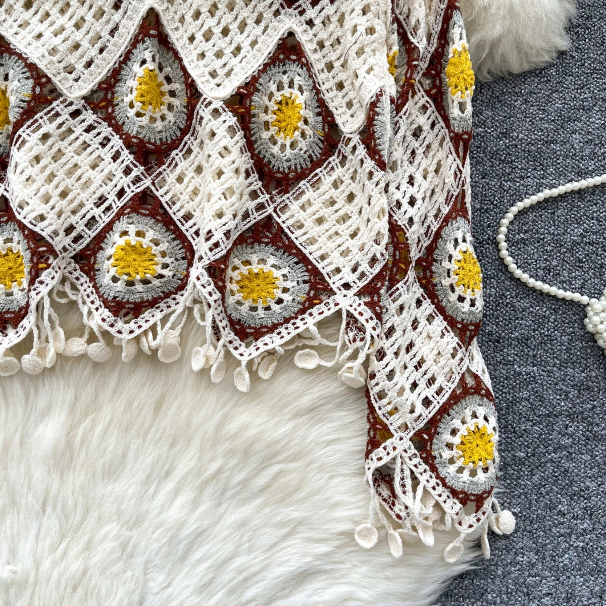 Beige & Mustard Yellow Full Sleeve Crochet Sweater Top