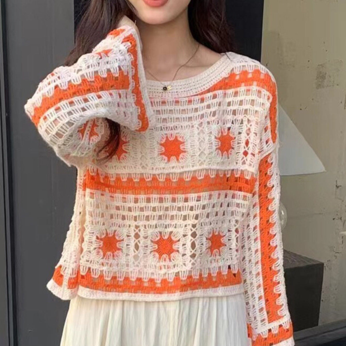 Beige Black Elegant Asymmetrical Best Selling Crochet Top -C70