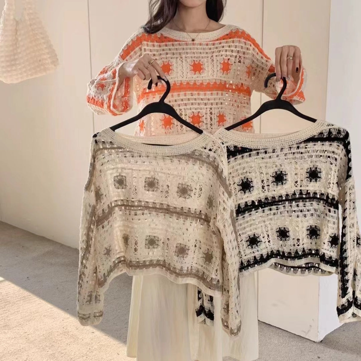Beige Black Elegant Asymmetrical Best Selling Crochet Top -C70
